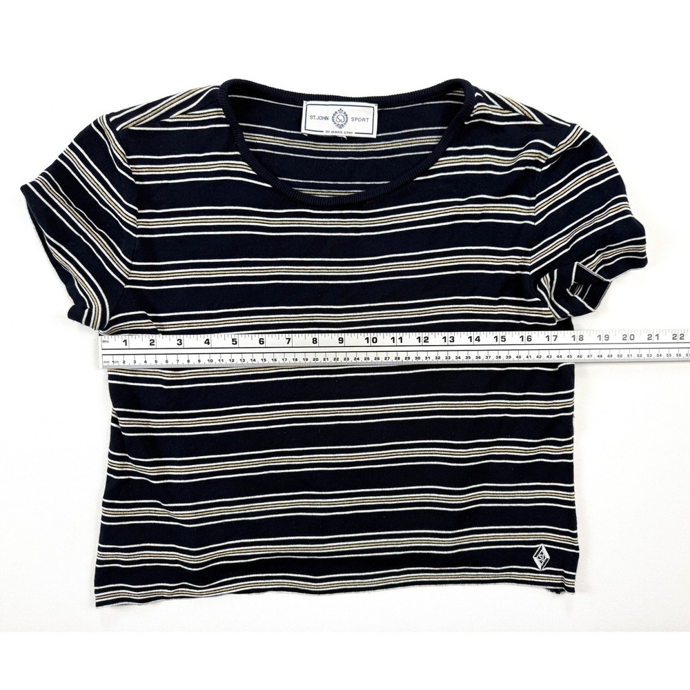 St John Sport by Marie Gray Womens L Navy Gold Striped Wool Blend Knit Top #1911 - Picture 3 of 9
